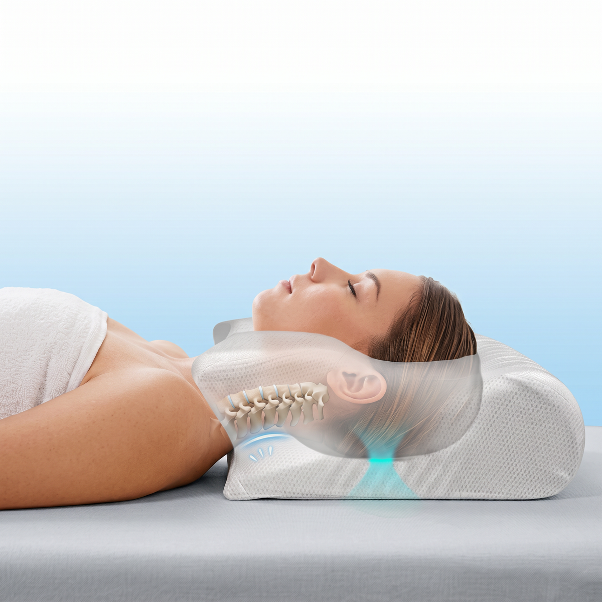 Mujer descansando con apoyo cervical anatómico